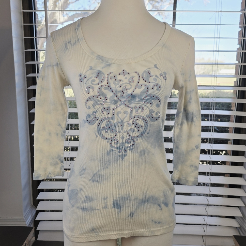 VANILLA SUGAR Blue Cream Tie-Dye Long Sleeve Top | Petite Large Rhinestone